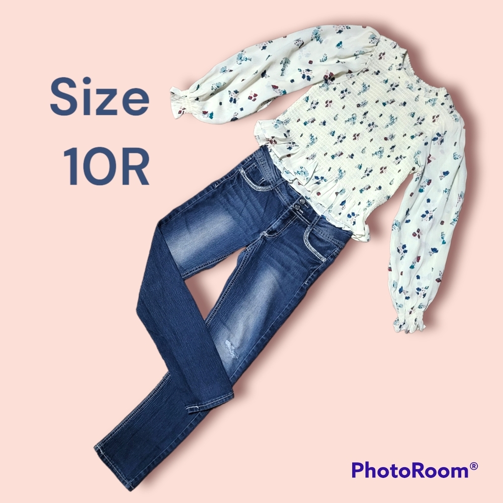 "Colorful Planet" Girls 10R Outfit. Floral Blouse with designer Jeans